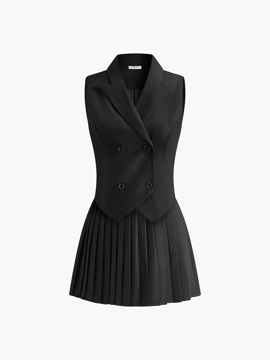 BRYANNA Suit Waist Coat With Pleated Mini Skirt Set - Auraflows