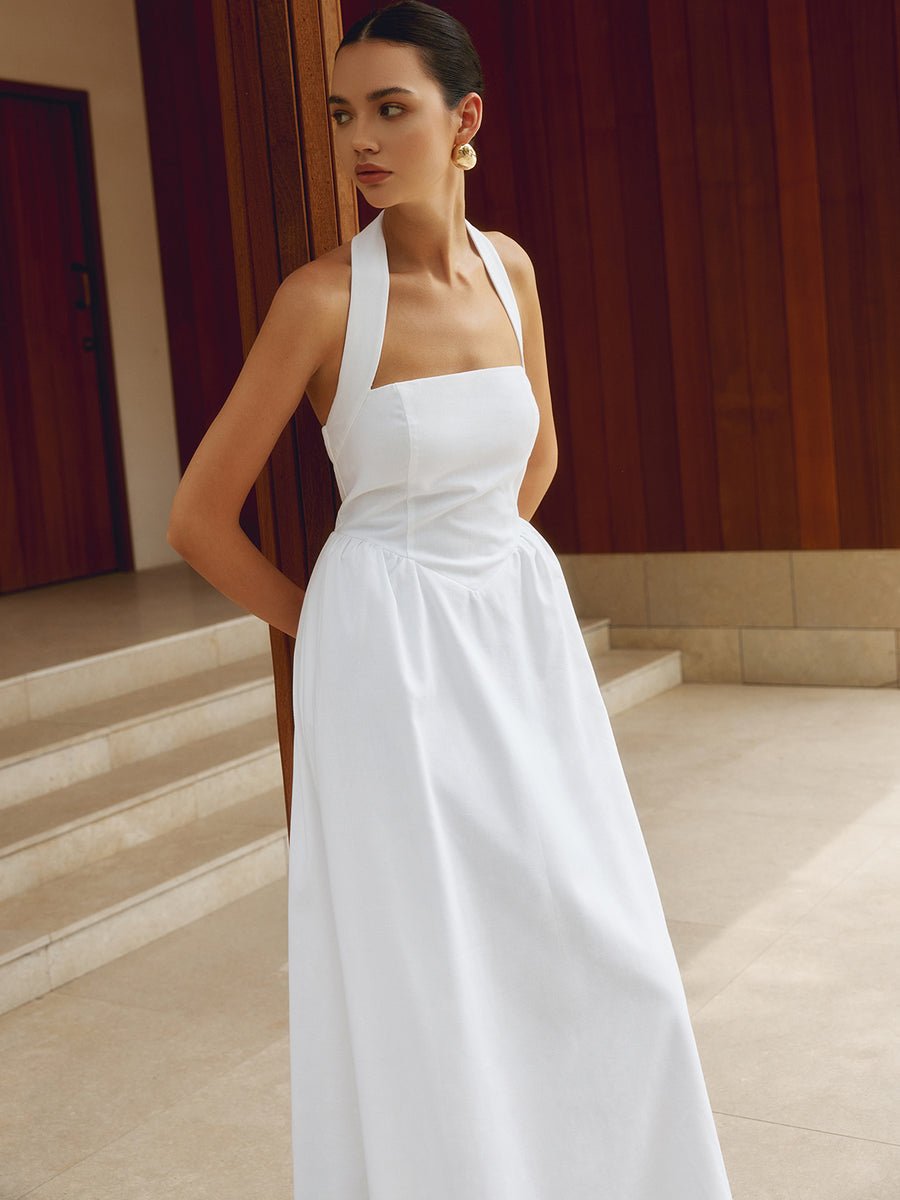 NELLA Cotton & Linen Halter A Line Long Dress - Auraflows