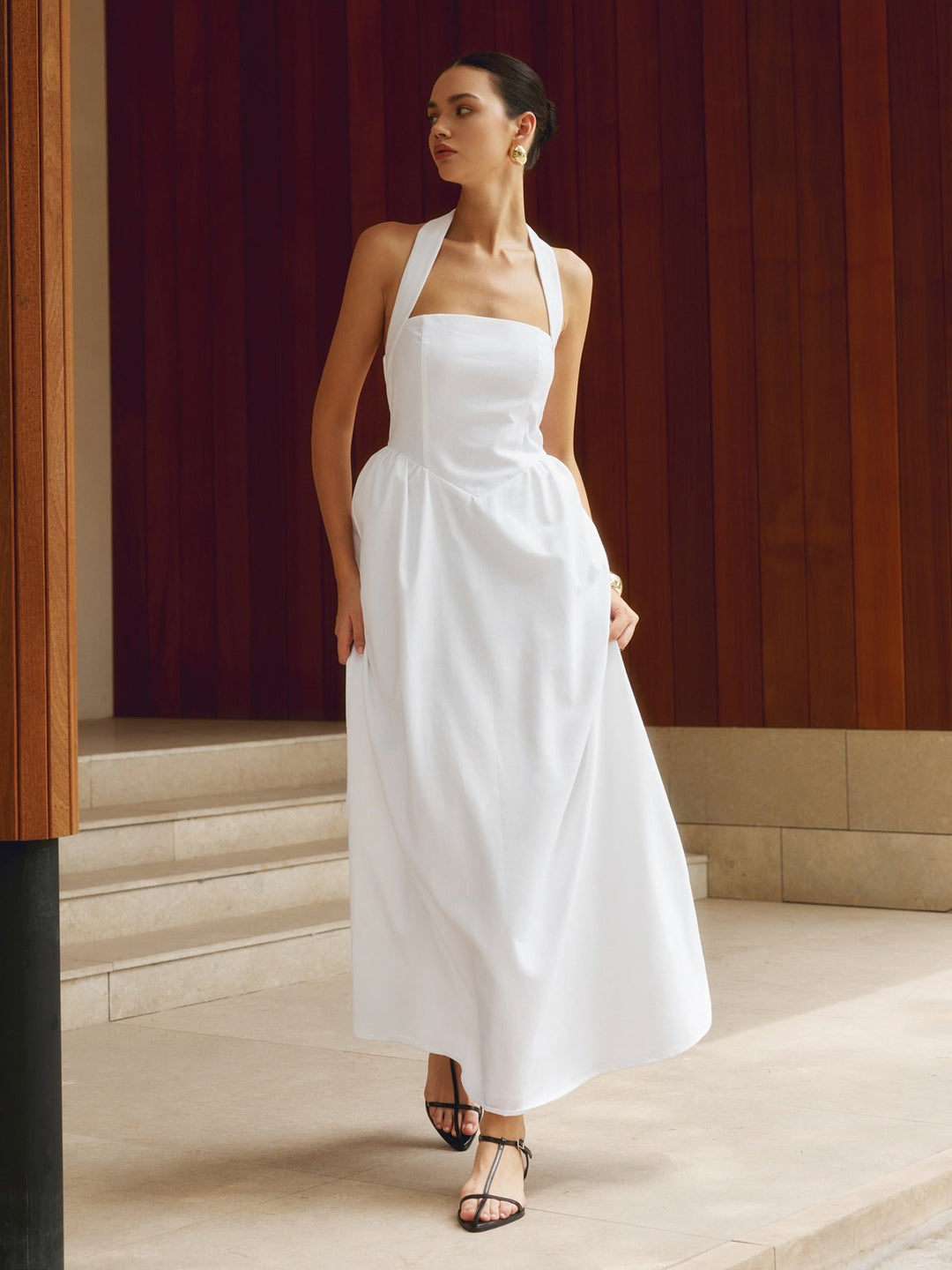 NELLA Cotton & Linen Halter A Line Long Dress - Auraflows