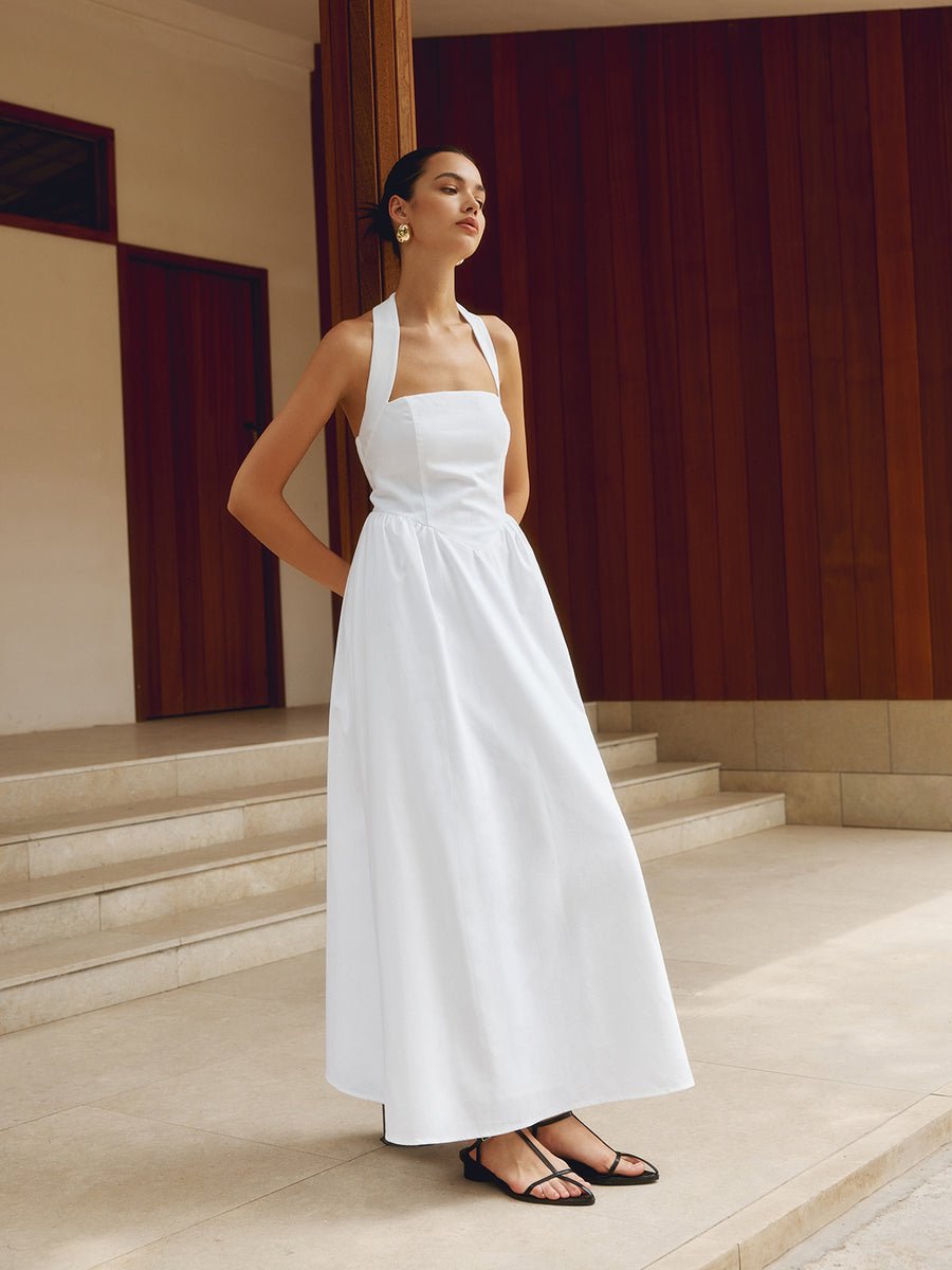 NELLA Cotton & Linen Halter A Line Long Dress - Auraflows