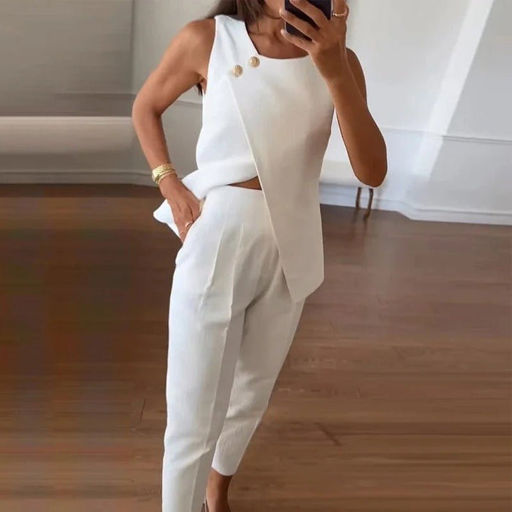 White Vest and Wide Leg Pants Set - Auraflows